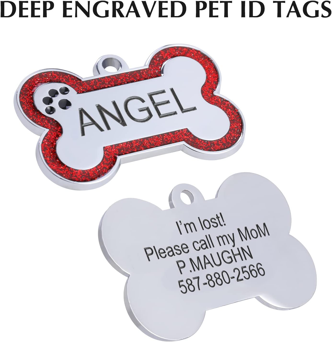Personalized Stainless Steel Pet ID Tags with Glittery Bone Design - DEEP Engraved Dog Tags Engraved for Pets Customized with 5 Lines Dogs and Cats Pets