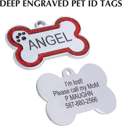 Personalized Stainless Steel Pet ID Tags with Glittery Bone Design - DEEP Engraved Dog Tags Engraved for Pets Customized with 5 Lines Dogs and Cats Pets