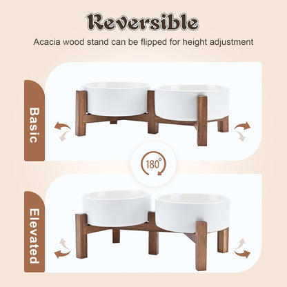 SPUNKYJUNKY Ceramic Dog Bowls with Acacia Wood Stand - Raised Dog Food and Water Bowl Set for Small Dogs (13.52 OZ, White)