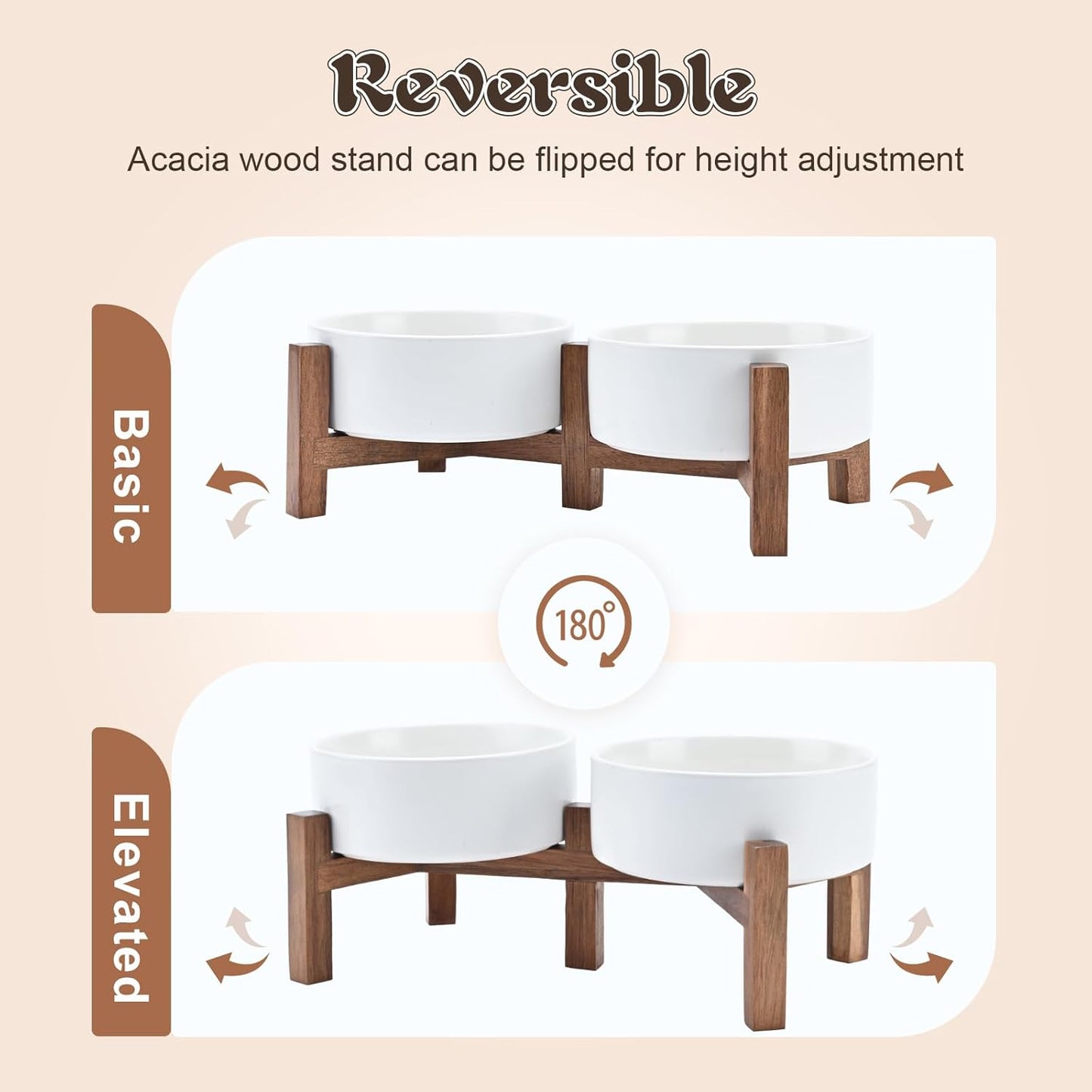 SPUNKYJUNKY Acacia Wood Stand Dog Bowl Set Raised, Ceramic Dog Food & Water Bowl for Medium Dogs (28.74 OZ, White)