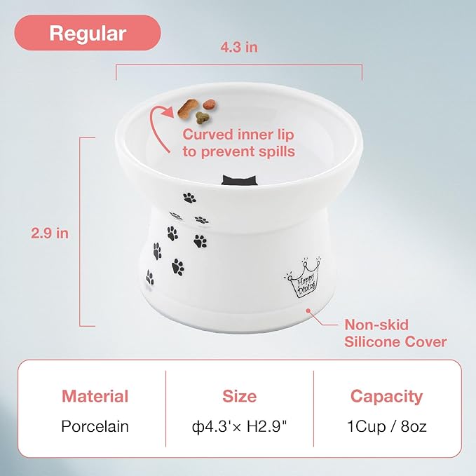 Necoichi Raised Cat Food Bowl – Ceramic Elevated Cat Bowl for Whisker & Neck Fatigue, Dishwasher Microwave Safe – Non-Slip & Anti Vomiting Ergonomic Design (Cats, Regular)