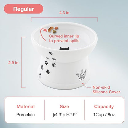 Necoichi Raised Cat Food Bowl – Ceramic Elevated Cat Bowl for Whisker & Neck Fatigue, Dishwasher Microwave Safe – Non-Slip & Anti Vomiting Ergonomic Design (Cats, Regular)