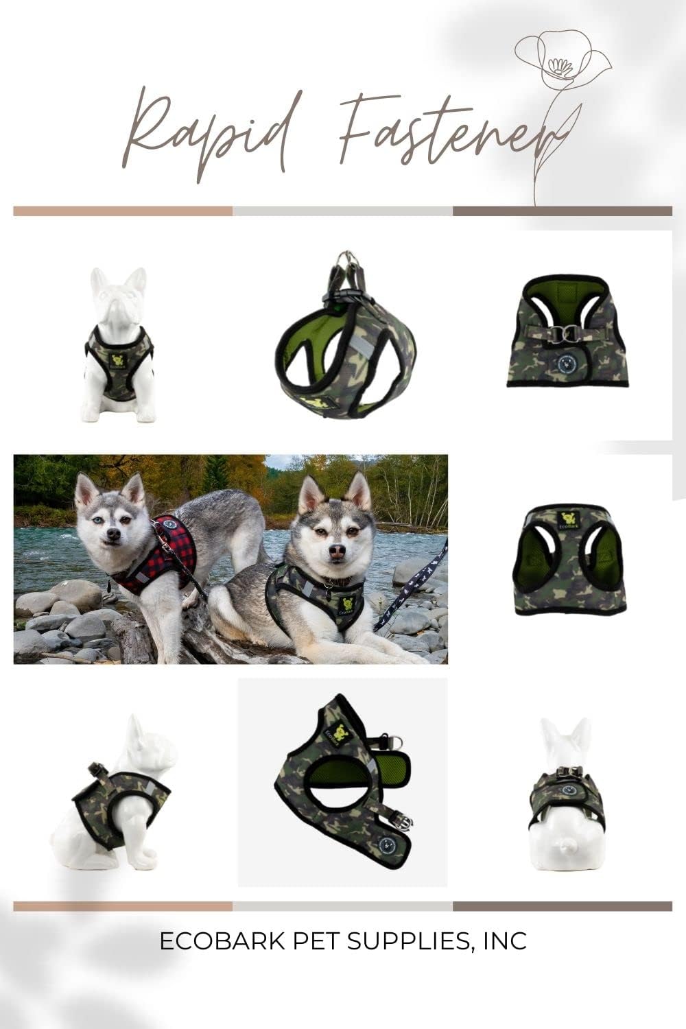 EcoBark Camo Dog Harness - Luxury Step in Mesh Dog Harnesses - Soft & Secure Wrap Around Body Halter