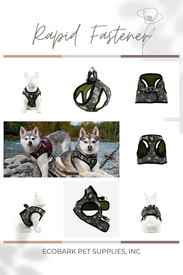 EcoBark Step in Dog Harness - Eco-Friendly Dog Harnesses for for Small & Medium Breed Dogs - Reflective and Adjustable Chest Body Halter Vest -Soft Luxurious Mesh (Camo, XL)