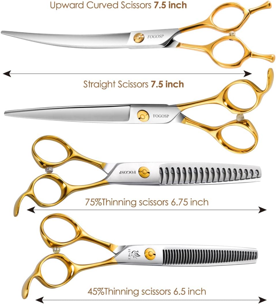 Professional 7.5" Dog Grooming Scissors Kit 4pcs, JP 440C Stainless Steel Curved Blender Straight Chunker Shears for Dog Cat and Pets (7.5 in Kit, Gold)