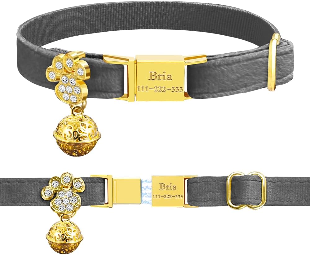 Personalized Breakaway Cat Collars - Magnetic Buckle, Bell - Safety Quick Release, Customized for Girls & Boys Cats- (Velvet-Grey)