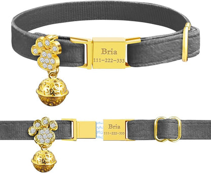 Personalized Breakaway Cat Collars - Magnetic Buckle, Bell - Safety Quick Release, Customized for Girls & Boys Cats- (Velvet-Grey)
