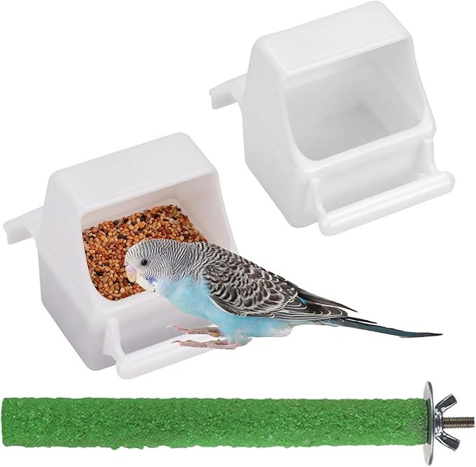 IBWell 2 Pack Bird Water Bowl Clear Bird Food Container Bird Cage Feeder No Mess Bird Feeder for Cage Parakeet Feeder with Perch