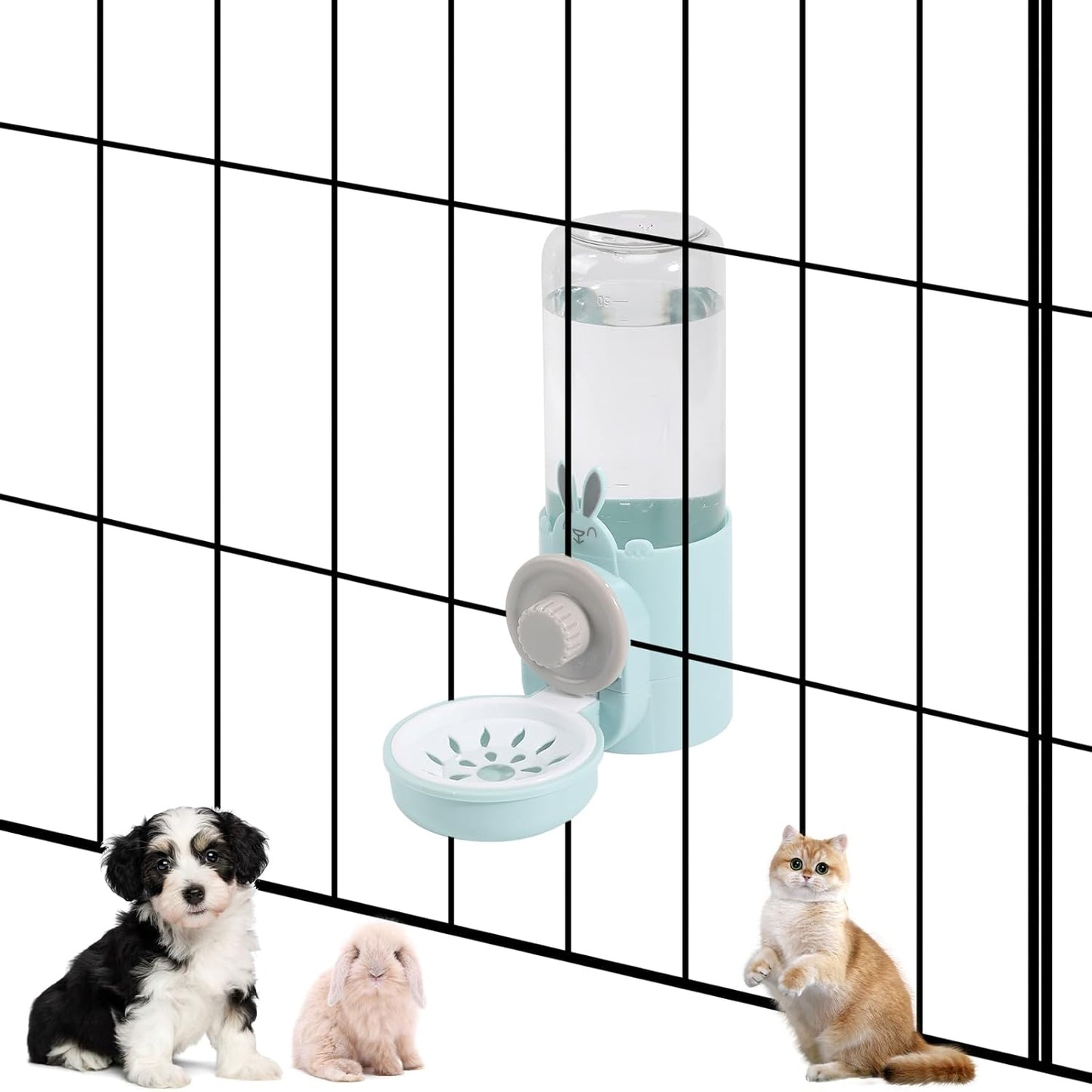 Hanging Automatic Pet Water Dispenser, Auto Siphon Rabbit Ferret Bunny Hedgehog Waterer Dispenser, Cat Dog Water Bowl for Cage Hanging (Light Blue)