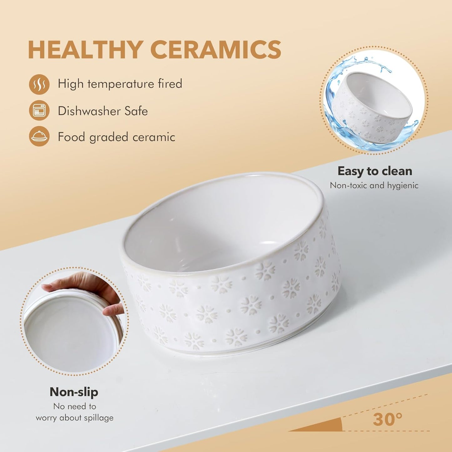 Ceramic 8.2inch Raised Double-Bowl Set with Acacia Wooden Stand, Food & Water Bowls for Large Breed Dogs, Weighted Dog Dishes, Pet Bowl (60 oz)