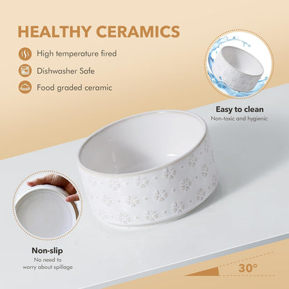 Ceramic 8.2inch Raised Double-Bowl Set with Acacia Wooden Stand, Food & Water Bowls for Large Breed Dogs, Weighted Dog Dishes, Pet Bowl (60 oz)