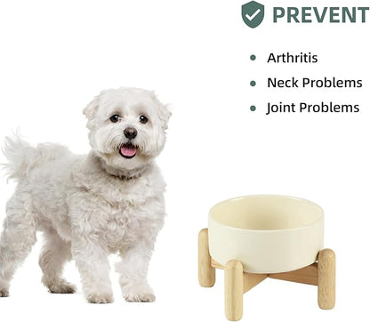 Ceramic 5.1inch Raised Dog and Cat Bowl Set, Elevated with Wooden Stand, Food and Water Bowl for Small Breed Dogs, Cats, Kitty, Weighted Dog Dishes, Pet Bowls(13.5oz, Beige)