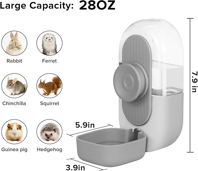 Kenond 28oz Hanging Automatic Rabbit Water Bottle, Guinea Pig Water Bottle No Drip, Gravity Water Dispenser for Cage, Suitable for Guinea Pig, Bunny, Hamsters and Other Small Animals(Gray)