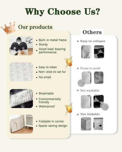 Cat Beds Indoor Kitten House, Handwoven Rattan Cat Cave Pet Cube, Large Cat Houses, One Bed Mat, Foldable, Hideaway, 16.5x16.5x13.2 Inches, 2 S-Shaped Hooks in Living Room Bedroom Gray