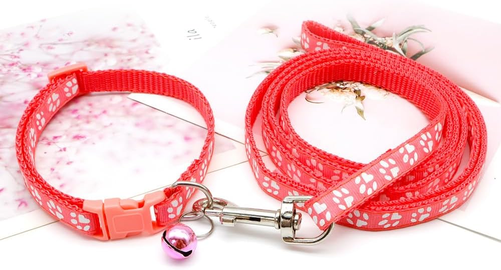 XS Dog Collar with Bell Leash Set, Nylon Basic Reflective Puppy Collars Paw Print for XXS Xs Small Cat Pet Animal Litter Tiny Kitten Boy Girls,Bright Green