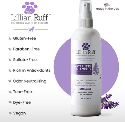 Lillian Ruff Waterless No-Rinse Dog Dry Shampoo Spray with Hydrating Essential Oils - pH-Balanced Dry Shampoo for Dogs - Clean, Condition, Detangle & Deodorize Dry, Sensitive Skin (Lavender)