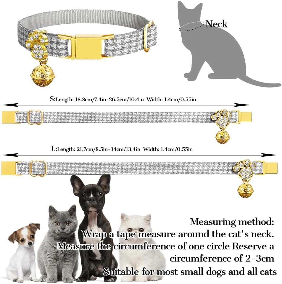 Personalized Breakaway Cat Collars - Magnetic Buckle, Bell - Safety Quick Release, Customized for Girls & Boys Cats- (Houndstooth-Grey)