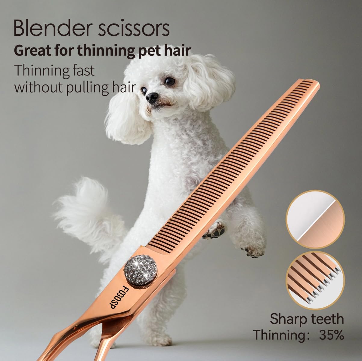 Left Handed Dog Grooming Scissors Set 4PCS Rose Gold Titanium Curved Thinning Straight Chunkers Shears Kit with White Artificial Diamonds Ergonomic Offset Handle Japan 440C