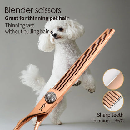 Left Handed Dog Grooming Scissors Set 4PCS Rose Gold Titanium Curved Thinning Straight Chunkers Shears Kit with White Artificial Diamonds Ergonomic Offset Handle Japan 440C