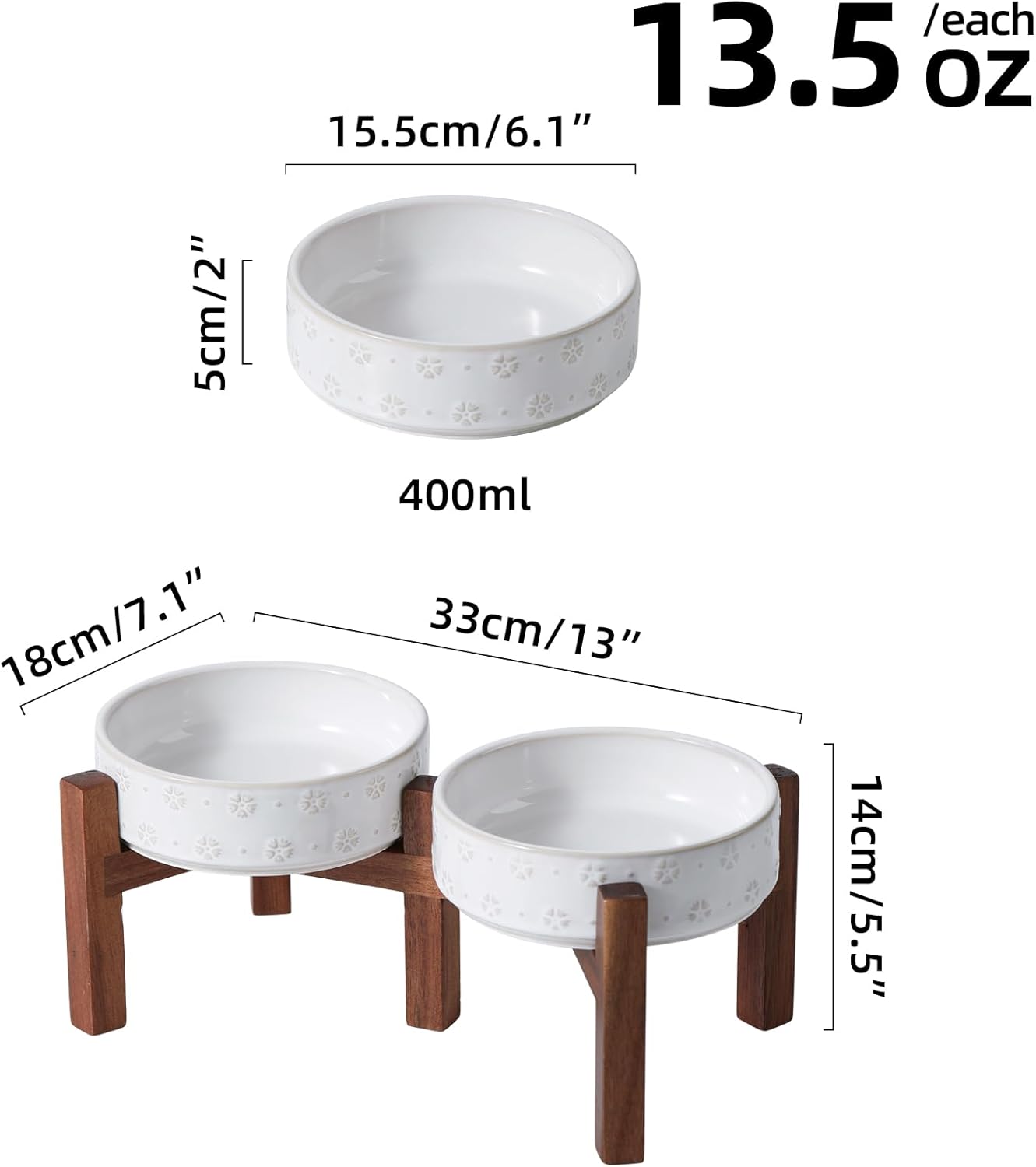 6.1inch Ceramic Raised Double Bowls Set with Acacia Wood Stand, 2 Heights Elevated, Food & Water Bowls for Toy Breed Dogs, Kitty, Cats, Pet Bowl(13.5OZ, Arctic White)