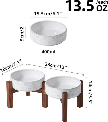 6.1inch Ceramic Raised Double Bowls Set with Acacia Wood Stand, 2 Heights Elevated, Food & Water Bowls for Toy Breed Dogs, Kitty, Cats, Pet Bowl(13.5OZ, Arctic White)
