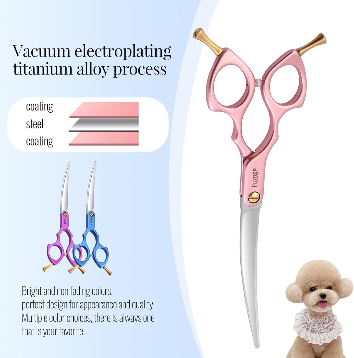 Professional Left Handed Curved Dog Grooming Scissors with Sharper Self Grinding lightweight and finely trimmed split structure 6.5'' Japan VG10 63HRC for small dogs cat pet(Pink)
