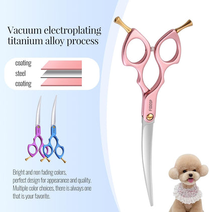 Professional Left Handed Curved Dog Grooming Scissors with Sharper Self Grinding lightweight and finely trimmed split structure 6.5'' Japan VG10 63HRC for small dogs cat pet(Pink)