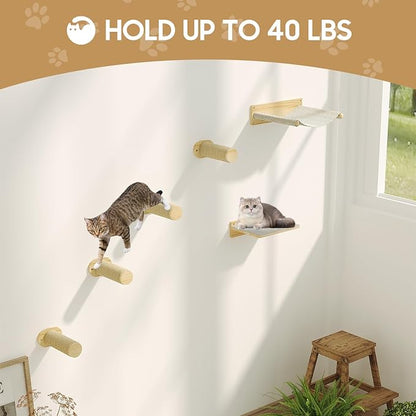 MeowHomm Cat Wall Shelves, Wooden Cat Wall Furniture Includes 4 Scratching Post Steps, Jumping Platform, Hammock for Kittens