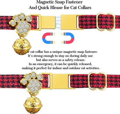 Personalized Breakaway Cat Collars - Magnetic Buckle, Bell - Safety Quick Release, Customized for Girls & Boys Cats- (Houndstooth-Red)