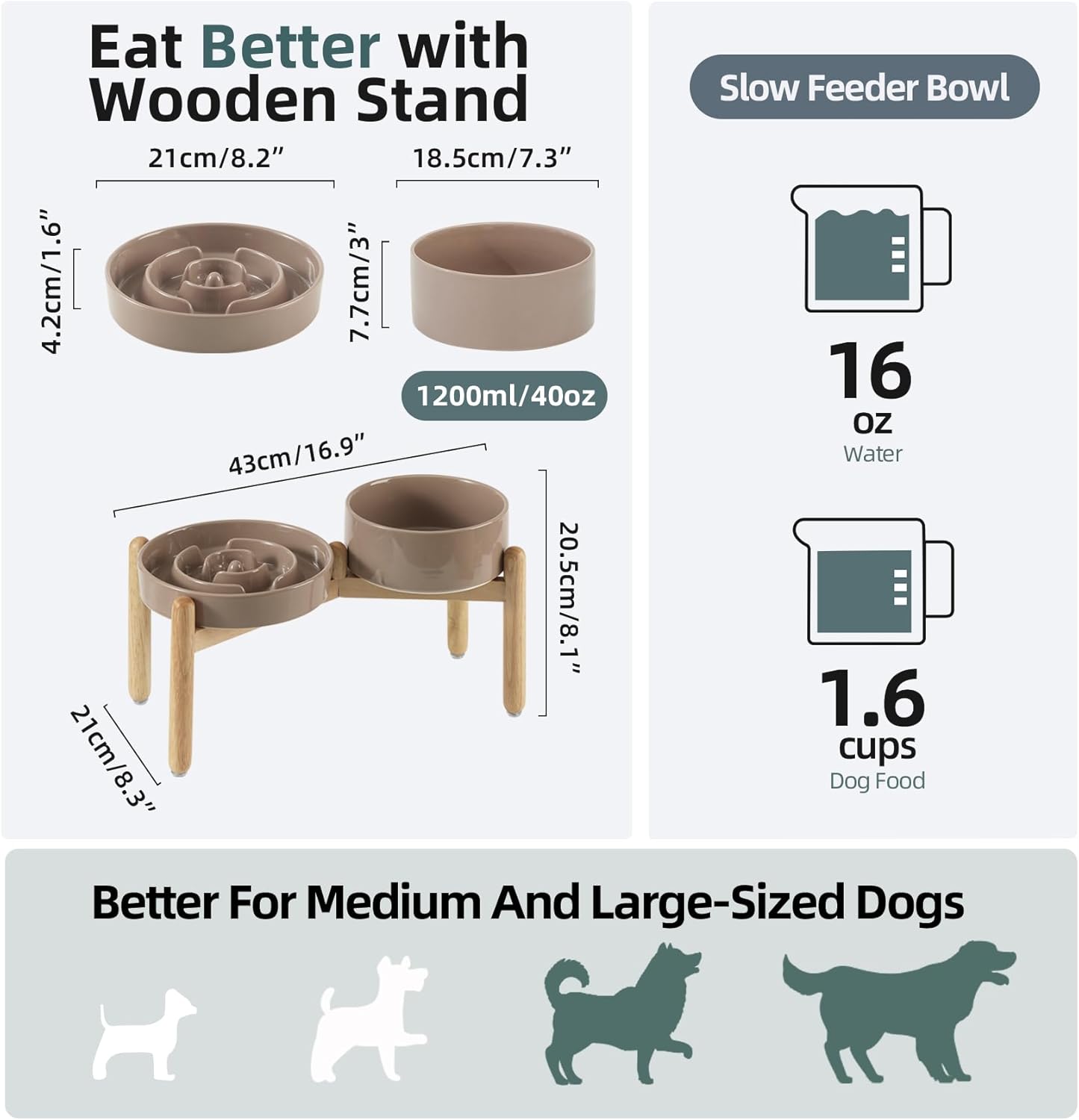 Ceramic Raised Slow Feeder Dog Bowl Set, Elevated 7.3inch Bowl and 8.2inch Puzzle Slow Dish with Wooden Stand for Medium and Large Dog, Anti-Gulping (2X Brown Coffee+ Stand)