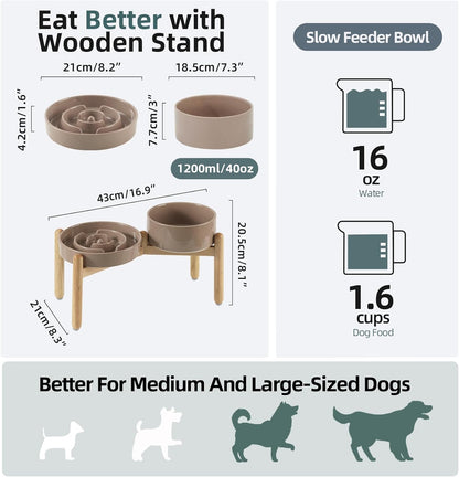 Ceramic Raised Slow Feeder Dog Bowl Set, Elevated 7.3inch Bowl and 8.2inch Puzzle Slow Dish with Wooden Stand for Medium and Large Dog, Anti-Gulping (2X Brown Coffee+ Stand)