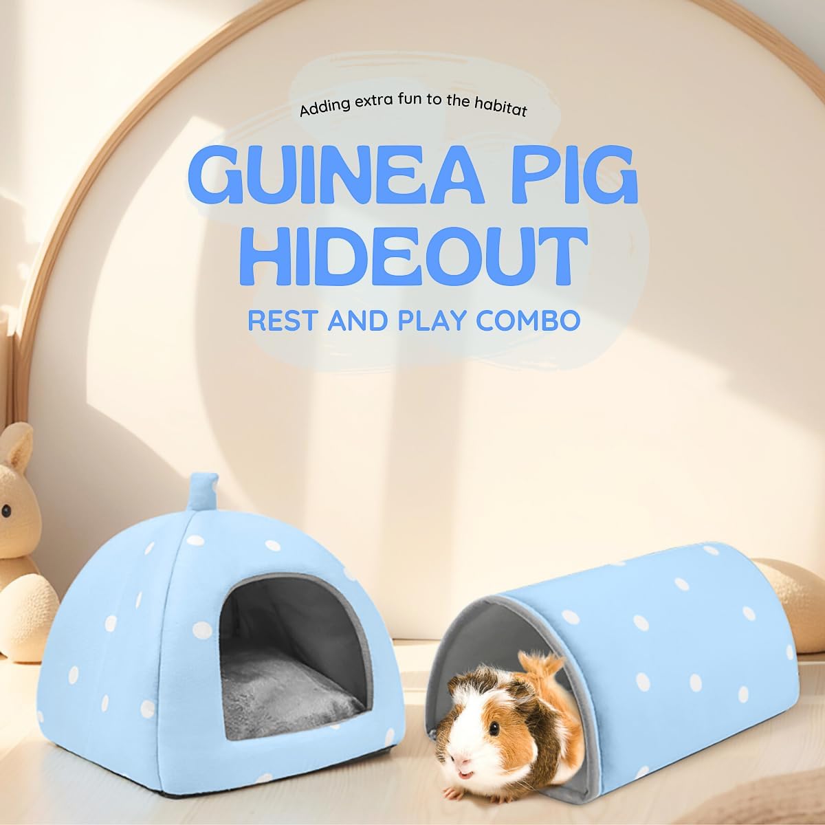 Guinea Pig Hideout and Tunnel Set, Soft Plush Bed & Play Tunnel for Guinea Pigs, Rabbits, Ferrets, Small Animals - Washable Accessories for Resting, Hiding, Exercising