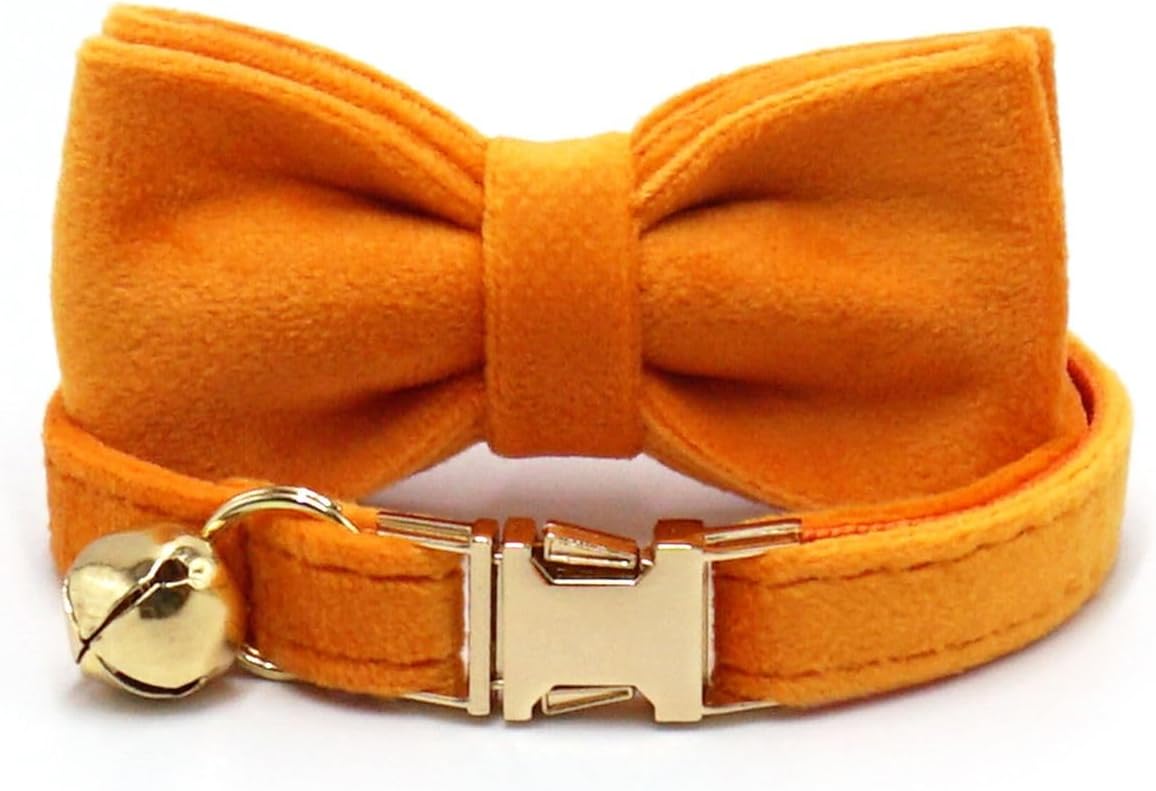 Personalized Cat Collar with Bells,Velvet Customized Small Cat Collar with Name Tag,Pet Collar with Name Phone Number Engraved ID Tags for Boy and Girl Kitten Cats (Orange)