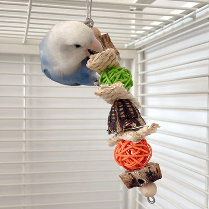 Parrots Chewing Toy Wood Block Nut Rattan Ball Corn Husk with Hanging Hook Entertainment Toy Wood Bird Toy for Parrots Chewing Block Cage Toy Accessories for Cockatiel Parakeets Random Color (2 Pcs)