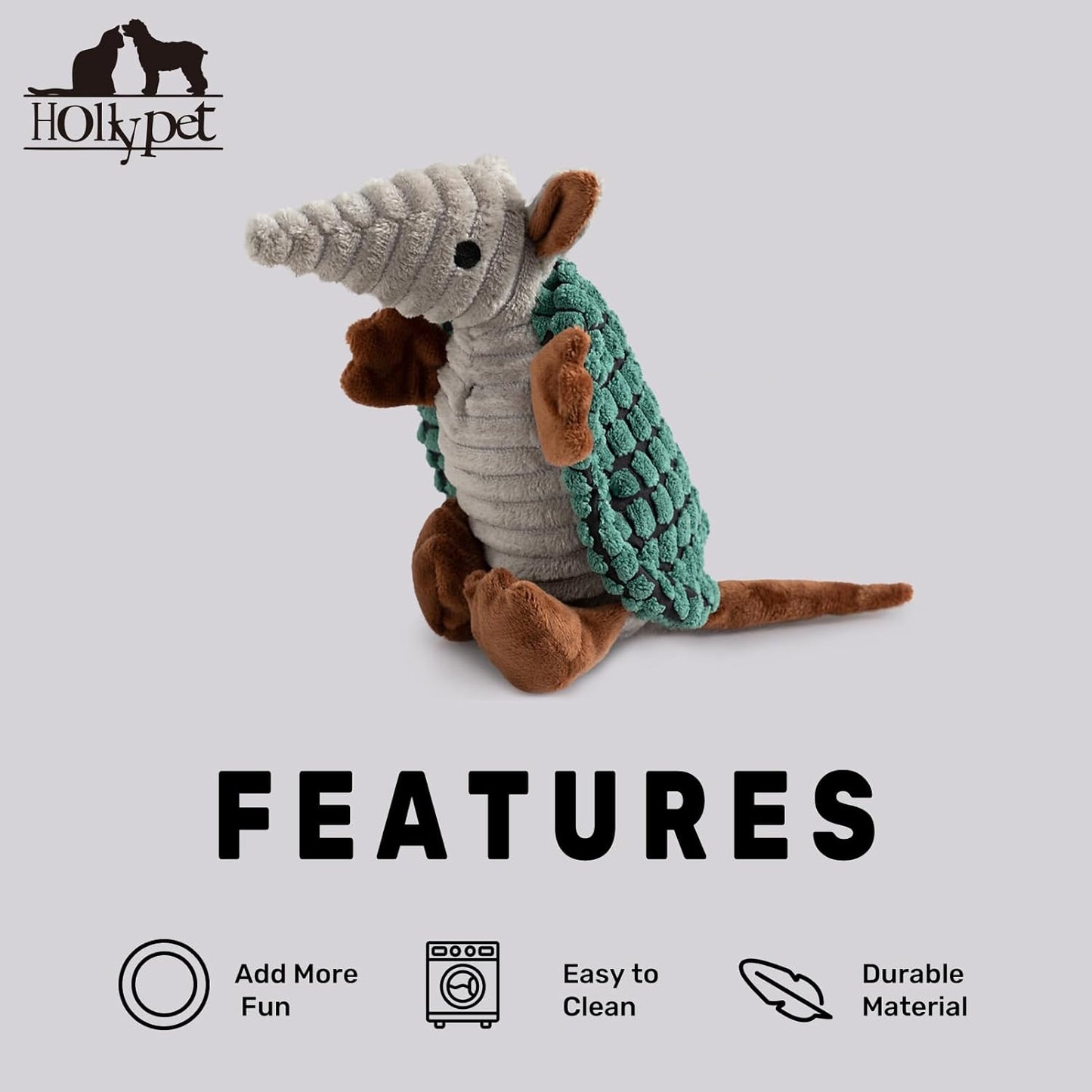 Hollypet Plush Dog Squeaky Toy Stuffed Armadillo Animal Pet Puppy Chew Toys with Clean Teeth for Small Medium Large All Breed Sizes Dogs, Deep Green,8 in