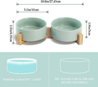 SPUNKYJUNKY Ceramic Dog and Cat Bowl Set with Wooden Stand, Modern Cute Weighted Food Water Set for Small Size Dogs (13.5OZ) & Medium Sized Dogs (28.7OZ) & Cats (1.7 Cups, 2 × Light Green)