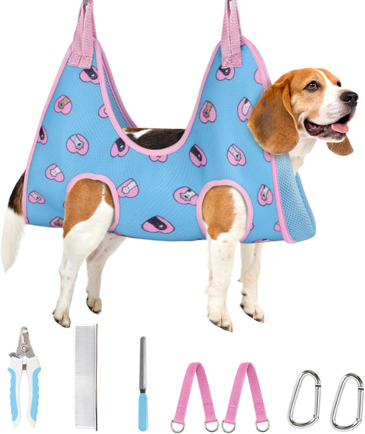 Supet Dog Grooming Hammock Harness for Dogs Cats, Relaxation Pet Nail Clipper Hammock, Restraint Dog & Large Animal Leashes Sling for Groomingk for Nail Trimming (Blue-Love, L)
