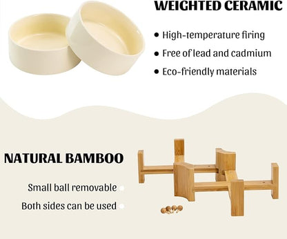 SPUNKYJUNKY 15° Slanted Ceramic Dog and Cat Bowl with Wooden Stand, Tilted Bulldog Food and Water Bowl No Slip Non-Spill for Cats Medium Dogs Big Face Pets 28.7 OZ (3.6 Cups, Beige × 2)