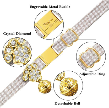 Personalized Breakaway Cat Collars - Magnetic Buckle, Bell - Safety Quick Release, Customized for Girls & Boys Cats- (Houndstooth-Khaki)