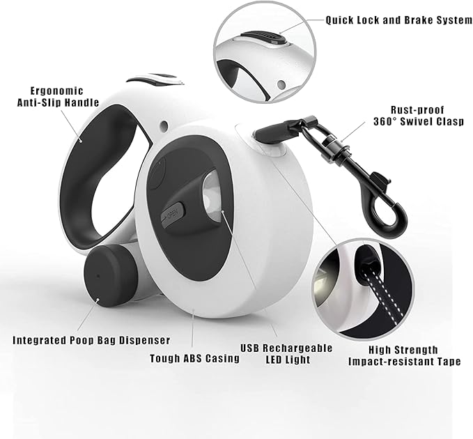 HCY&WLD Upgrade 4-in-1 Retractable Dog Leash with LED Light & Dispenser & Poop Bags, 16 ft Heavy Duty Dog Leash with Anti-Slip Handle for Dogs up to 44 lbs, 360° Tangle-Free, One Button Brake & Lock
