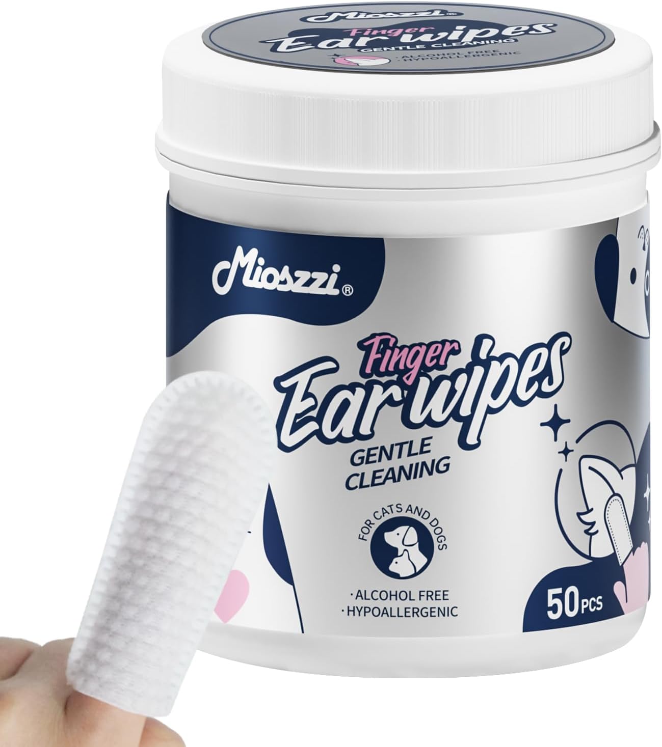 MIOSSZI Dog Ear Cleaner - Finger Wipes for Dogs & Cats Ear Wipes for Itch Relief Remove Wax & Odor, Dog Teeth Cleaning Wipes-Dog Ear Finger Wipes 50ct