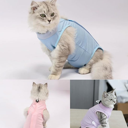 3 PCS Cat Recovery Suit for Spay Abdominal Wounds Female, Cat Onesie for Cats After Surgery, Pet Surgery Recovery Suit Kitten Onesie for Cats Anti Licking (Pure, Large)