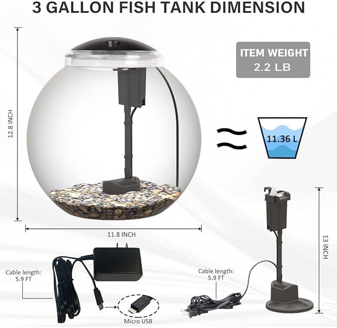3-Gallon Aquarium Starter Kit, Ideal for Betta Fish and Other Tropical Fish, Includes Power Filter, LED Light, Hood, and Illustrated User Set Up Guide, Impact-Resistant Plastic