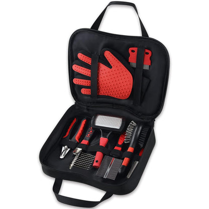 Wisedog Pet Grooming Kit - Pin & Bristle Brush, Slicker Brush, Dematting Tool, Nail Clipper, Hair Removal Mitts, Flea Comb for Dogs and Cats (Reddish-black)