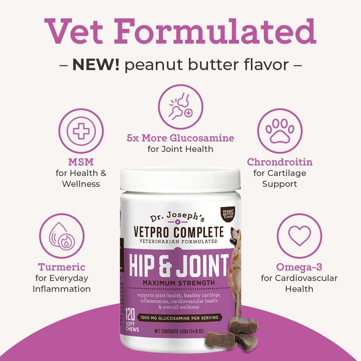 VetPro Complete Dr. Joseph's Peanut Butter Hip and Joint Dog Chews, 120 Count, Pain and Inflammation Relief with Glucosamine, Chondroitin, MSM, Turmeric, Vitamin C, Omega 3, Treats Hip Dysplasia
