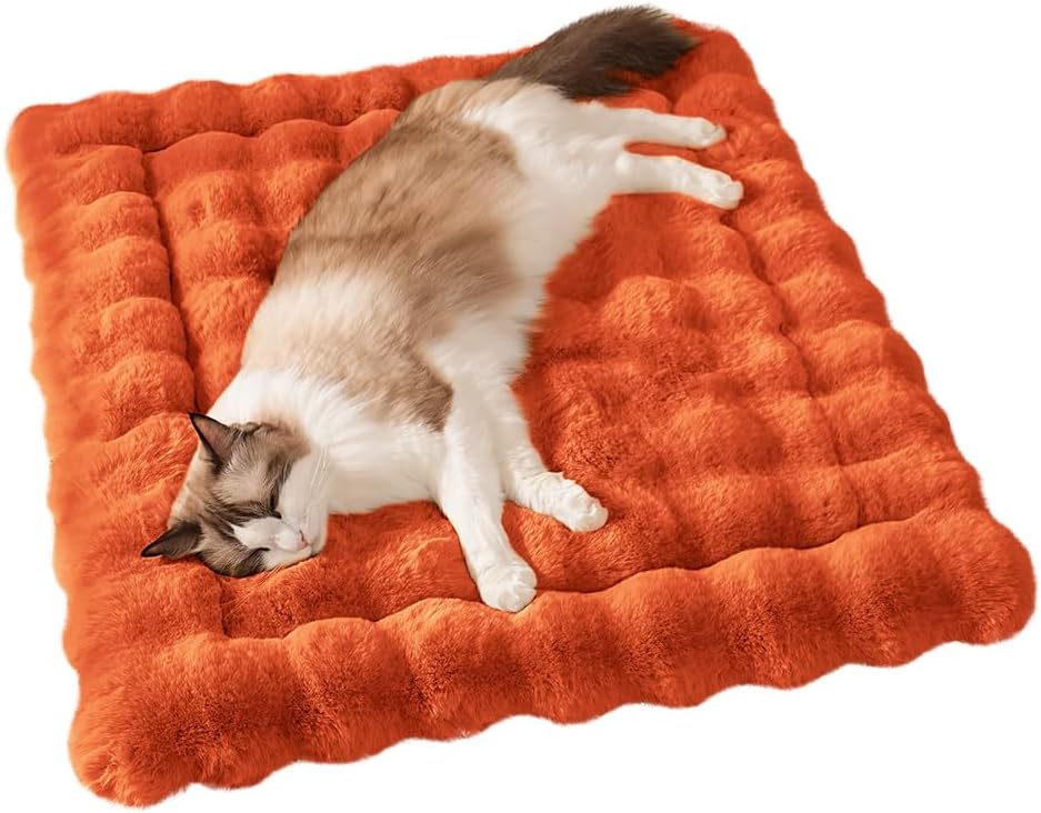 Cat Beds for Indoor Cats Faux Fur Pet Pad Mat Plush Kitten Bed with Non-Slip Bottom for Carriers/Couch Dog & Puppy Friendly 23 x 15 Inch Small Orange