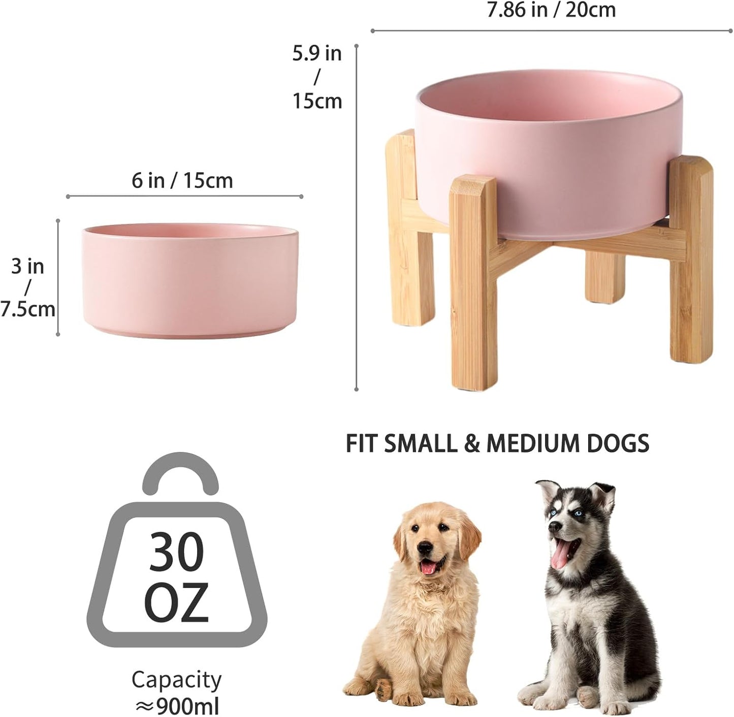 6'' Ceramic Raised Dog Bowl - 30Oz Dog Food & Water Bowl with Elevated Non-Slip Bamboo Stand, Dishwasher & Microwave Safe, Anti Vomiting Heavy Duty Pet Bowl for Small and Medium Dogs, Pink