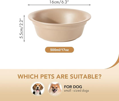Ceramic 6.3inch Set of 2 Dog Bowls, 2pcs Basic Food and Water Dishes for Small and Medium Dogs, Wide Opening Rounded Edge (2 Bowls, Oat Beige)