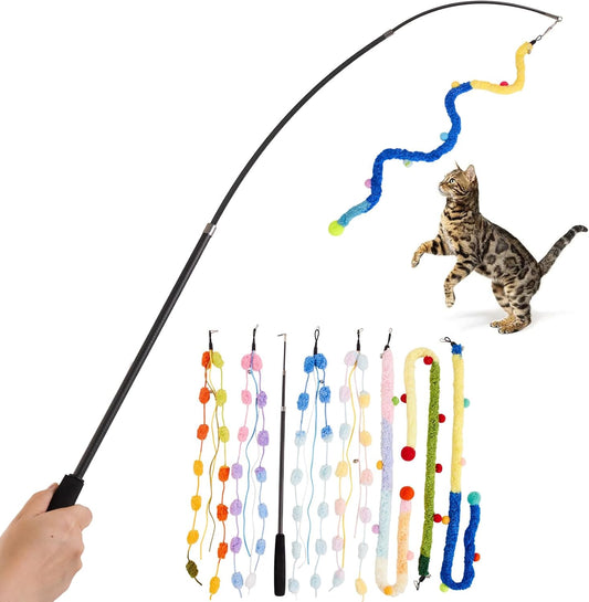 Cat Wand Toy, 8Pcs Retractable Plush Srtip Cat Teaser Wand Toys with Bell & String, Long Interactive Wand Toys for Indoor Kitten, Exercise