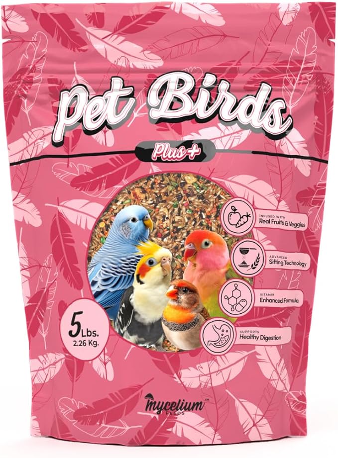 Mycelium Pet Bird Plus Feed (5 LB Bag) | Organic Bird Food for Parakeets, Lovebirds & Cockatiels | Vitamin-Fortified with Real Fruits & Veggies | Immune Support, Daily Nutrition | Non-GMO, USA Made
